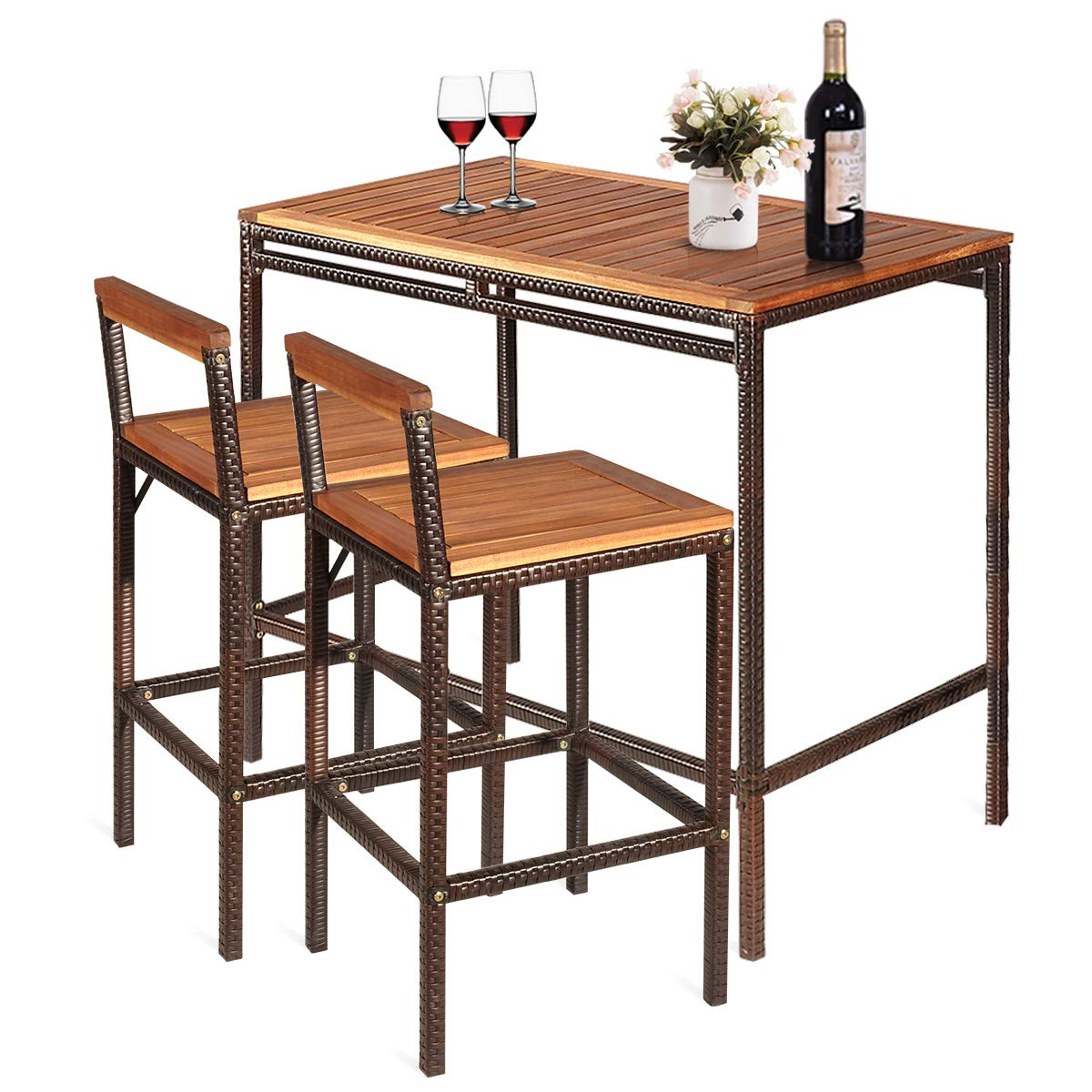 Ensemble de bar de terrasse Tangkula 3 pièces, ensemble de bar extérieur en rotin bistrot avec plateau en bois d'acacia